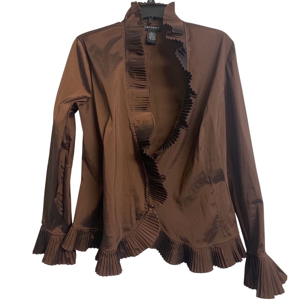 Cachet Brown Metallic Ruffle Wrap Blouse Pleated Cuff Mock Neck Top Size 12‎